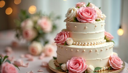 Elegant cream-colored two-tier wedding cake adorned with delicate pink and white roses and pearl accents. Soft bokeh lights and scattered rose petals create a romantic atmosphere for a celebration.
