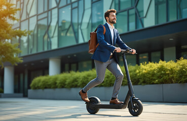 Young businessman rides electric scooter in city street. He wears suit, backpack, commuting to work. Man smiles, enjoying modern eco-friendly urban transport solution. Fast, efficient city movement.
