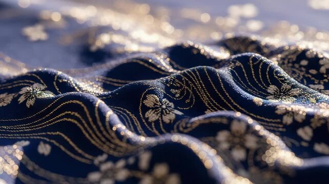 Luxurious japanese brocade fabric with golden embroidery. Macro detail of a traditional blue textile with floral and wave patterns showing rich texture and elegant bokeh