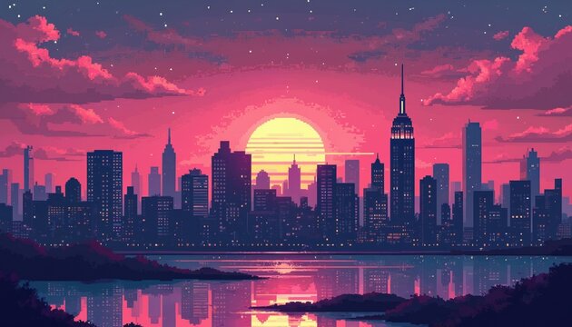 Retro pixel art city with skyscrapers silhouette at sunset. Night town view with water reflection and pink sky. Nostalgic 8-bit video game landscape with pixelated sun and stars.