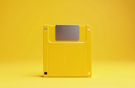 Yellow floppy disk on yellow background shows retro tech. Vintage diskette for old data. Obsolete computer drive media reminds outdated storage. Information, technology on plastic square. Disk saves
