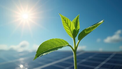 Obraz premium Young sprout grows over solar panels with bright sunlight. Eco friendly alternative power generation. Green energy concept. Innovative eco tech. Renewable resource sources at sun power station.