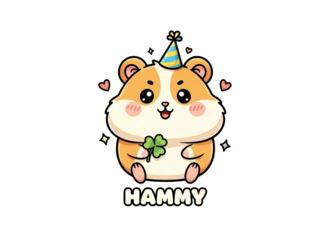 Cute Hamster Wearing Party Hat Holding Four Leaf Clover With Confetti And Hearts Isolated On Black Background Detailed Pixel Art Kawaii Style