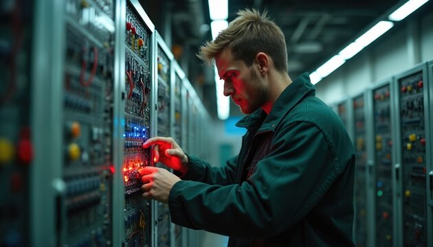 Electrician repairs switchboard. Man checks electrical equipment rows in server room. Engineer inspects wires, circuit. Skilled technician maintains hardware. Occupation concept. Industry pro expert - Powered by Adobe