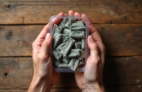 Male hands hold transparent box with snus portions. Swedish smokeless tobacco product shown on wooden background. Harmful addiction concept for nicotine pouches advertisement. Stop smoking addiction.
