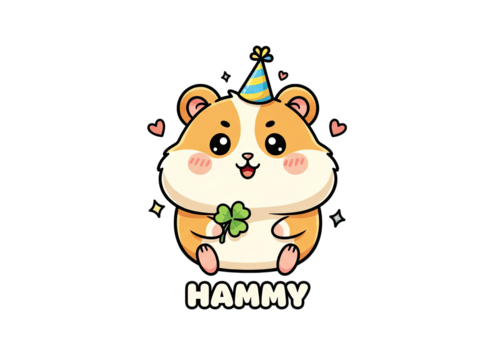 Cute Hamster Wearing Party Hat Holding Four Leaf Clover With Confetti And Hearts Isolated On Black Background Detailed Pixel Art Kawaii Style