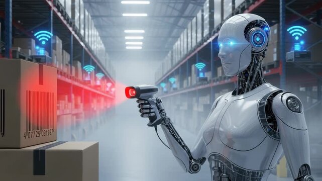Humanoid robot scanning a barcode on a cardboard box in an automated warehouse. Artificial intelligence for modern logistics and inventory management. Smart supply chain automation