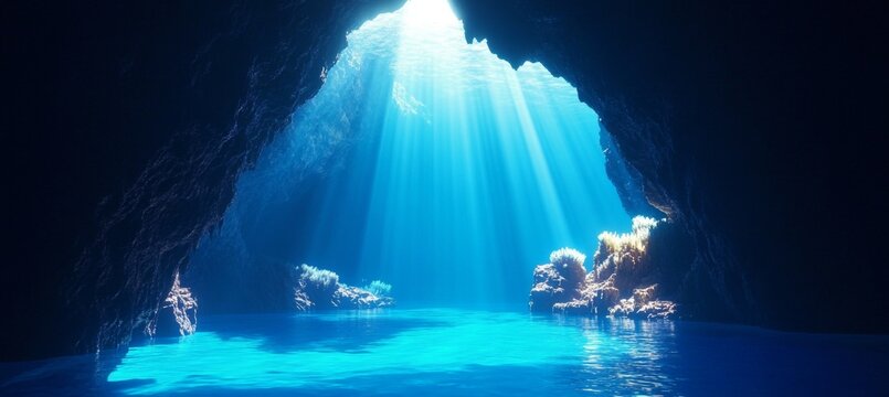 Breathtaking Underwater Grotto Paradise with Ethereal Light Beams and Vibrant Blue Ocean Water