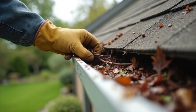 Gloved hand removes debris from clogged roof gutter. Man cleans leaves and dirt. Home maintenance and seasonal prep for fall rain issues. Preventing damage, protect home from water damage.
