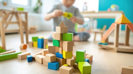 Youngster Engaged in Building Tower with Colorful Blocks in Playroom, Fostering Creativity and Fine Motor Skills, Copy Space Available