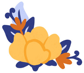 Isolated yellow flower with blue leaves illustration. Cute floral doodle for floral border, floral edge, floral arrangement, journaling, planner, greeting card, and decorative projects.
