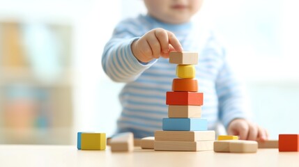Youngster Engaged in Building Tower with Colorful Blocks in Playroom, Fostering Creativity and Fine Motor Skills, Copy Space Available