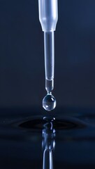 A droplet falling from a pipette into a dark liquid surface with a reflection