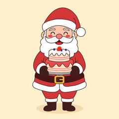 Cute cartoon Santa Claus holding a festive two-tiered cake with berries, smiling happily.