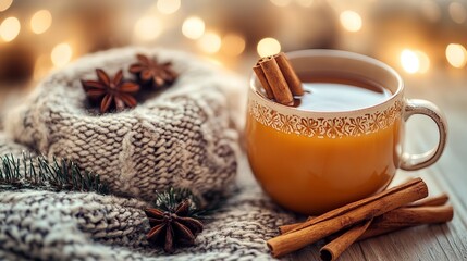 Cozy warm beverage with cinnamon sticks and star anise resting on a knitted woolen scarf with festive bokeh lights in the background