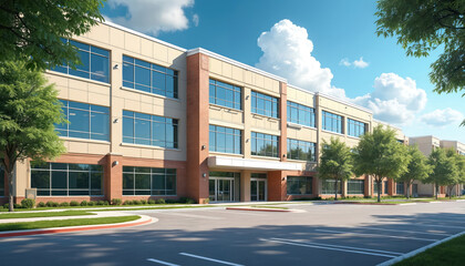 Modern school building exterior with large windows. Beige walls brick accents and clear sky. Green trees grow along the building front. Wide parking lot near the entrance.