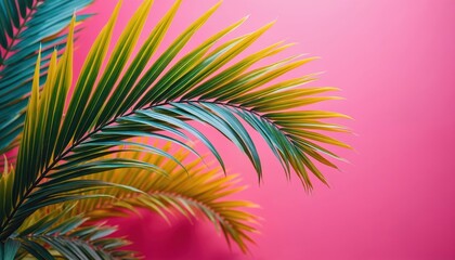 Obraz premium Palm fronds contrast with pink backdrop. Leafs green, yellow. Exotic foliage create tropical feel. Colorful plants symbolize summer vacation. Botanical art, design element, vibrant nature beauty