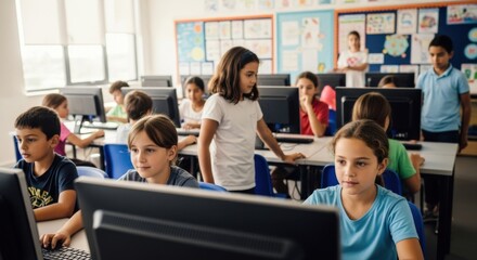 Diverse students focused on computers in a bright school lab. Education technology, digital learning, future skills, teamwork, and modern classroom concept.