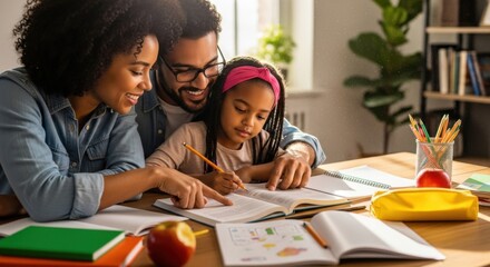 African-American parents helping their young daughter with homework at home. Family education, learning, parenting, bonding, and remote school concept.