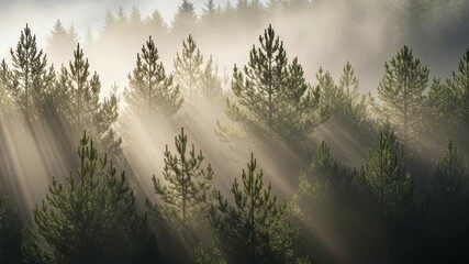 Aerial view of a misty pine forest with golden sunbeams breaking through the fog. Ethereal nature landscape creating a magical and peaceful atmosphere for inspirational concepts - Powered by Adobe