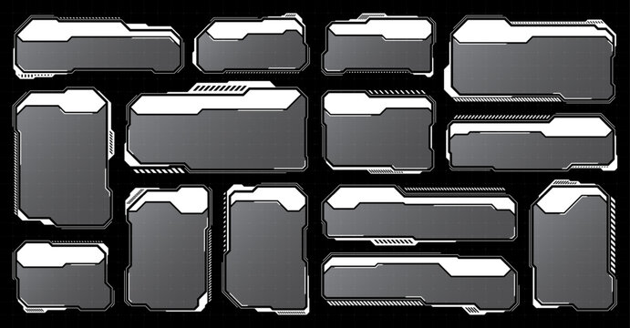 White futuristic HUD, UI elements. Sci-fi user interface text boxes, callouts. Warning message frames, information boxes template. Modern game interface layout in digital style. Vector illustration