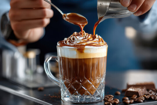 Delicious coffee creation with caramel drizzle in a stylish cafe setting