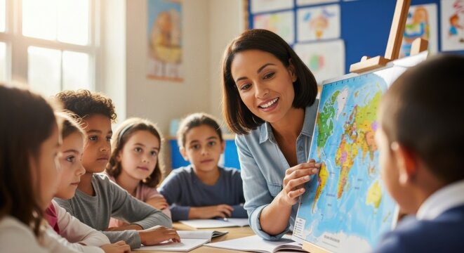 Diverse elementary teacher showing a world map to engaged students in a bright classroom. Geography education, global learning, curiosity, and primary school concept.