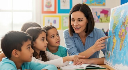 Smiling female teacher conducting a science lesson on photosynthesis and plant life cycle for enthusiastic elementary school students in a bright classroom.