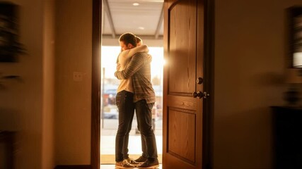 Young adult caucasian couple embracing in an emotional hug at the front door of their home. Warm sunlight streams in creating a beautiful and heartfelt moment of reunion or farewell