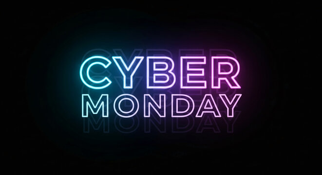 Neon text "Cyber Monday" in blue and pink gradient on a black backdrop, representing online sales and e-commerce promotion for special shopping days