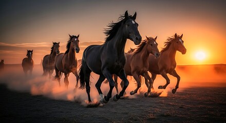 Majestic Horses Galloping into the Sunset - A Symbol of Freedom and Power.