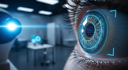 Futuristic eye scan technology with blue laser and grid overlay.