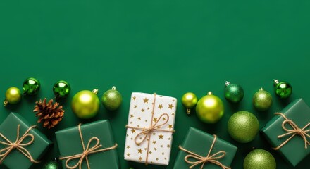 Top view of green christmas gift box and ornament