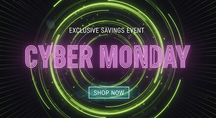 Neon image featuring purple "Cyber Monday" text and green circles. Represents sales event, promotion, and modern shopping, with a dark background.