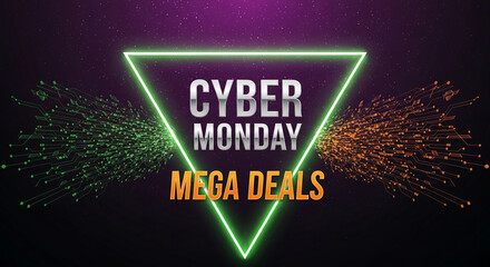 Image with neon green triangle, text Cyber Monday Mega Deals, and circuitry lines. Represents technology, sale, and promotion, perfect for advertising