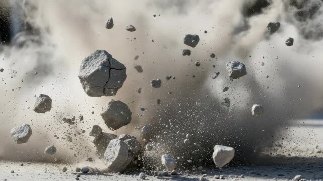 Powerful explosion of rocks and dust captured in a dramatic sequence. Close up of shattered stone and concrete debris from a ground impact or demolition event
