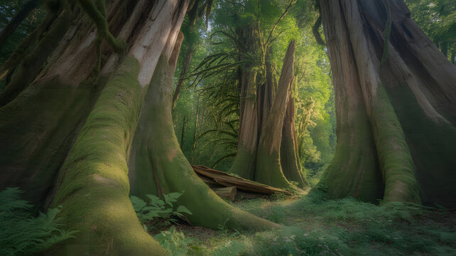 Lush forest landscape with giant trees and dense greenery capturing nature's splendor in tranquil forest environment with moss covered trunks and sunlight