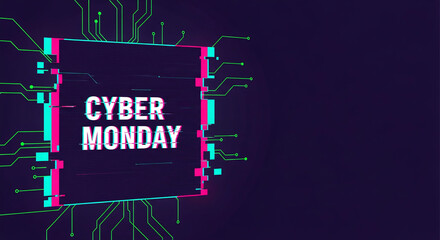 Digital image with glitch effect displaying Cyber Monday text, showcasing online commerce promotion, with geometric shapes and circuit board design