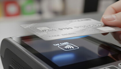 Hand holding a credit card over a POS terminal with a contactless payment approved screen. Finance, banking, shopping, security, and digital payment technology.