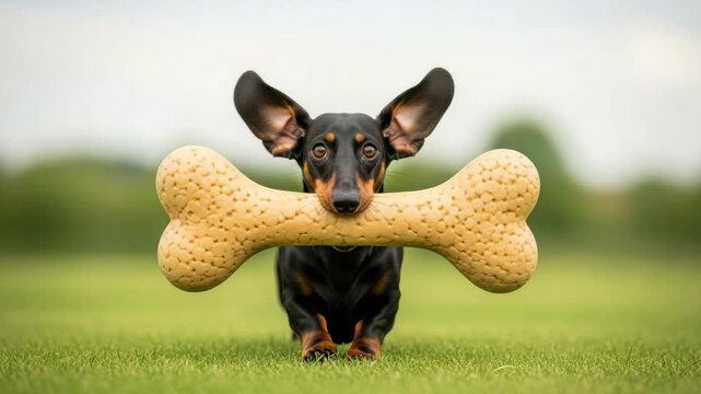 A humorous dachshund dog carrying an oversized bone shaped biscuit in its mouth. Funny panoramic sequence of a hungry puppy with a giant treat for pet food concepts
