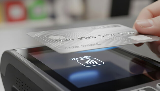Hand holding a credit card over a POS terminal with a contactless payment approved screen. Finance, banking, shopping, security, and digital payment technology. - Powered by Adobe