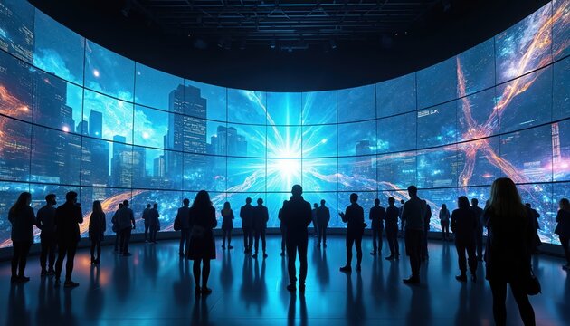 Silhouettes of people watch massive curved screen wall in dark room. Immersive display shows bright light burst over futuristic city with abstract data. Audience experiences modern tech gallery show,