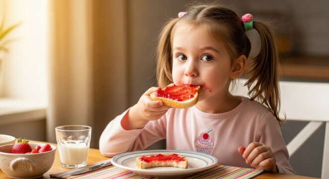 Close-up of a cute little girl with jam on her face eating strawberry jam toast for breakfast, symbolizing healthy eating, childhood joy, family routine, appetite, sweet food, and morning happiness. - Powered by Adobe