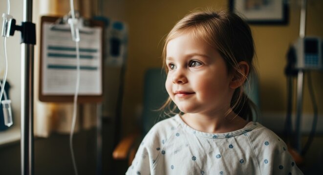 Close-up of a brave young girl in a hospital gown sitting up in a medical bed, looking thoughtfully aside, symbolizing pediatric care, health, hopeful recovery, 