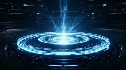 Seamless Loop: High-Tech Stage with Plasma Generator or Teleportation Device,  space background - Powered by Adobe