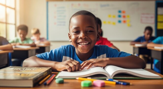 Happy African-American boy smiling widely while studying at his desk in a bright classroom. Successful education, learning, and cheerful school life concept. - Powered by Adobe