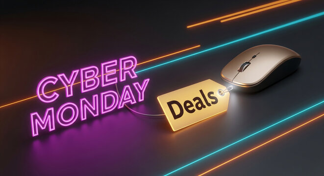 Image of glowing neon "Cyber Monday" text and a mouse near the "Deals" tag, showcasing online shopping promotion for business or technology theme