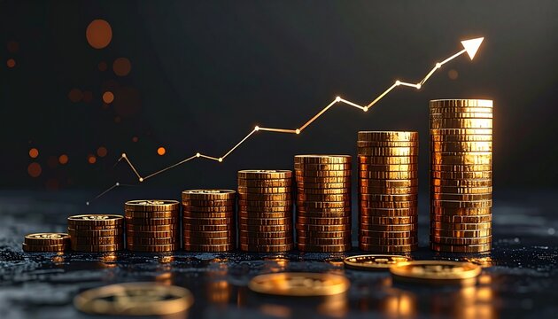 Golden coin stacks showing upward financial growth and investment success with positive arrow trend - Powered by Adobe