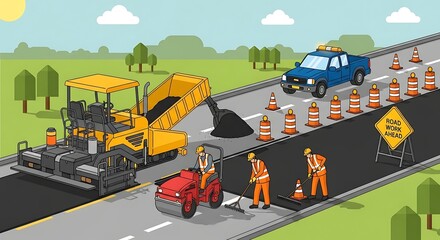 Road construction scene with machinery and workers illustration.
