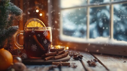 Cozy mug of hot mulled wine with cinnamon and orange slice by a snowy window